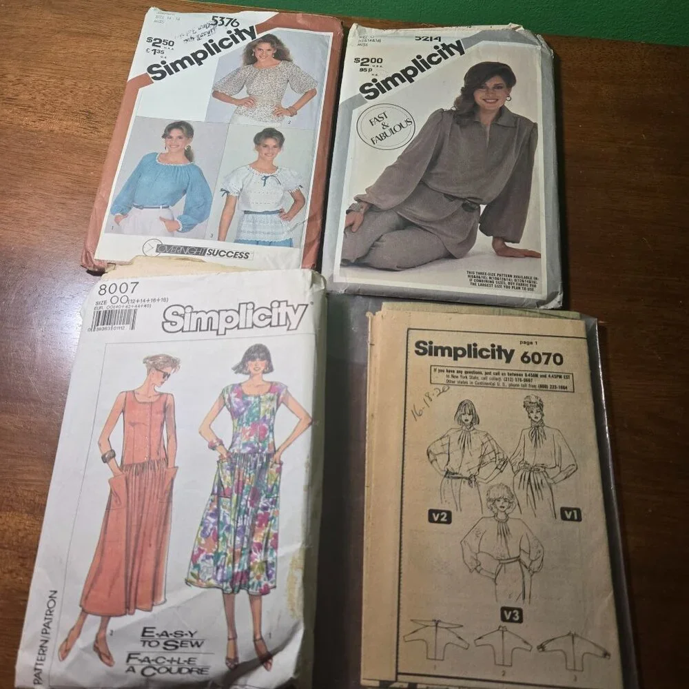 Simplicity sewing patterns womens mixed lot vintage 80s dress, blouse unverified